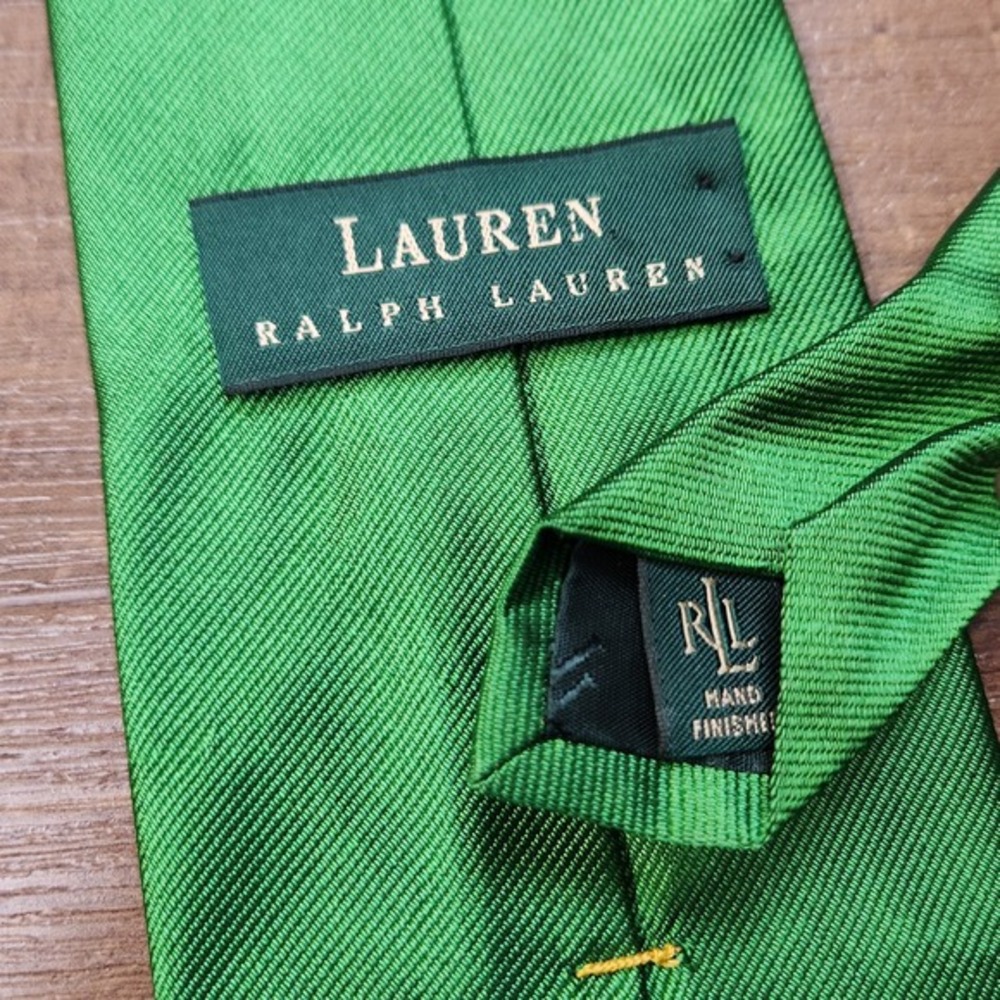 Vintage Ralph Lauren  Silk Emerald‎ Green Ribbed Tie Crown Logo - Picture 3 of 5